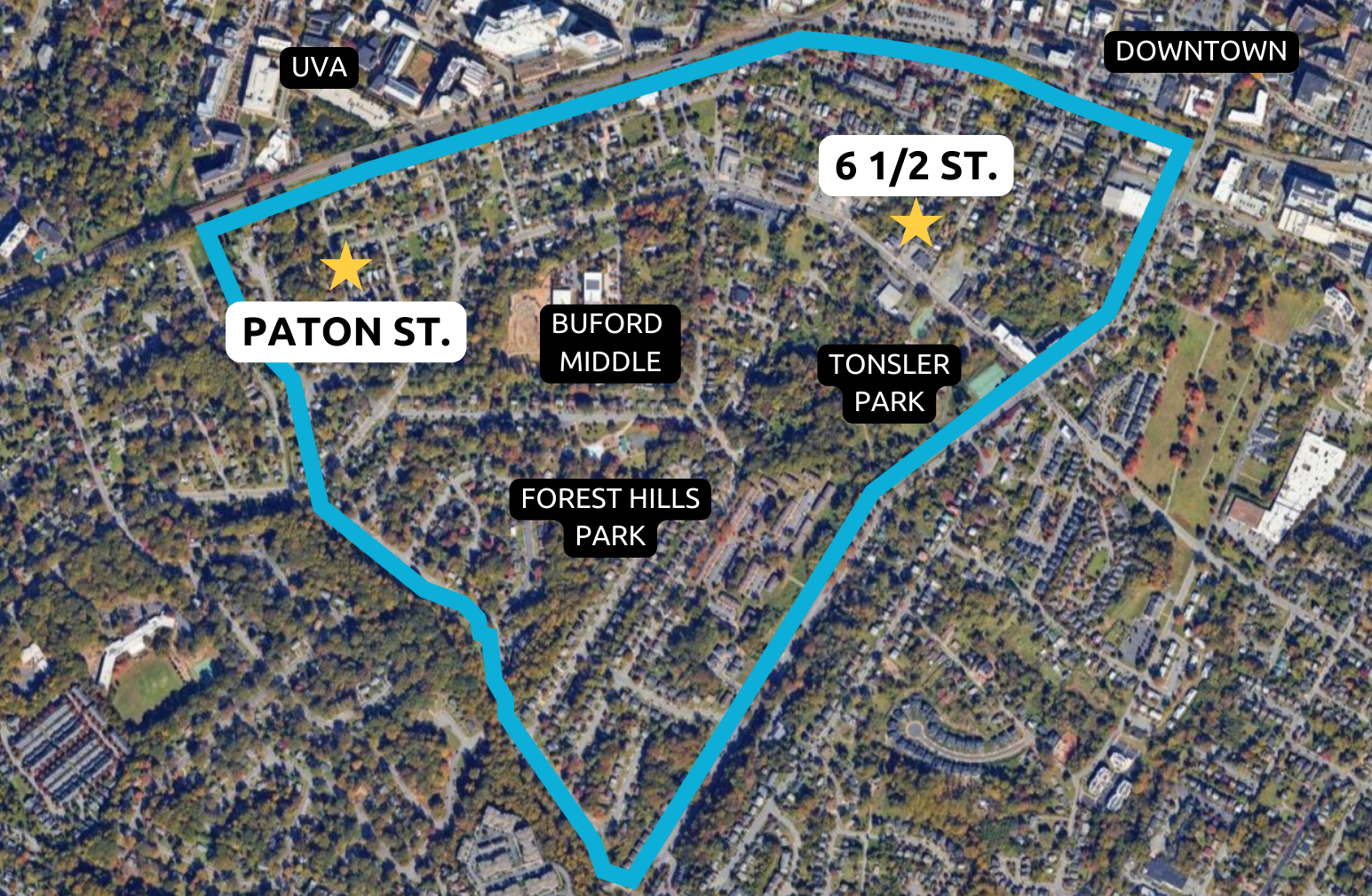 aerial view map of Fifeville neighborhood in Charlottesville VA